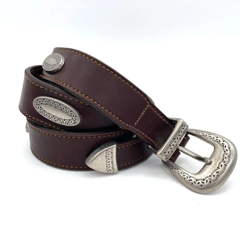VTG Bill Blass USA Brown Leather Concho Belt Western Saloon Silver Tone 38-41.5